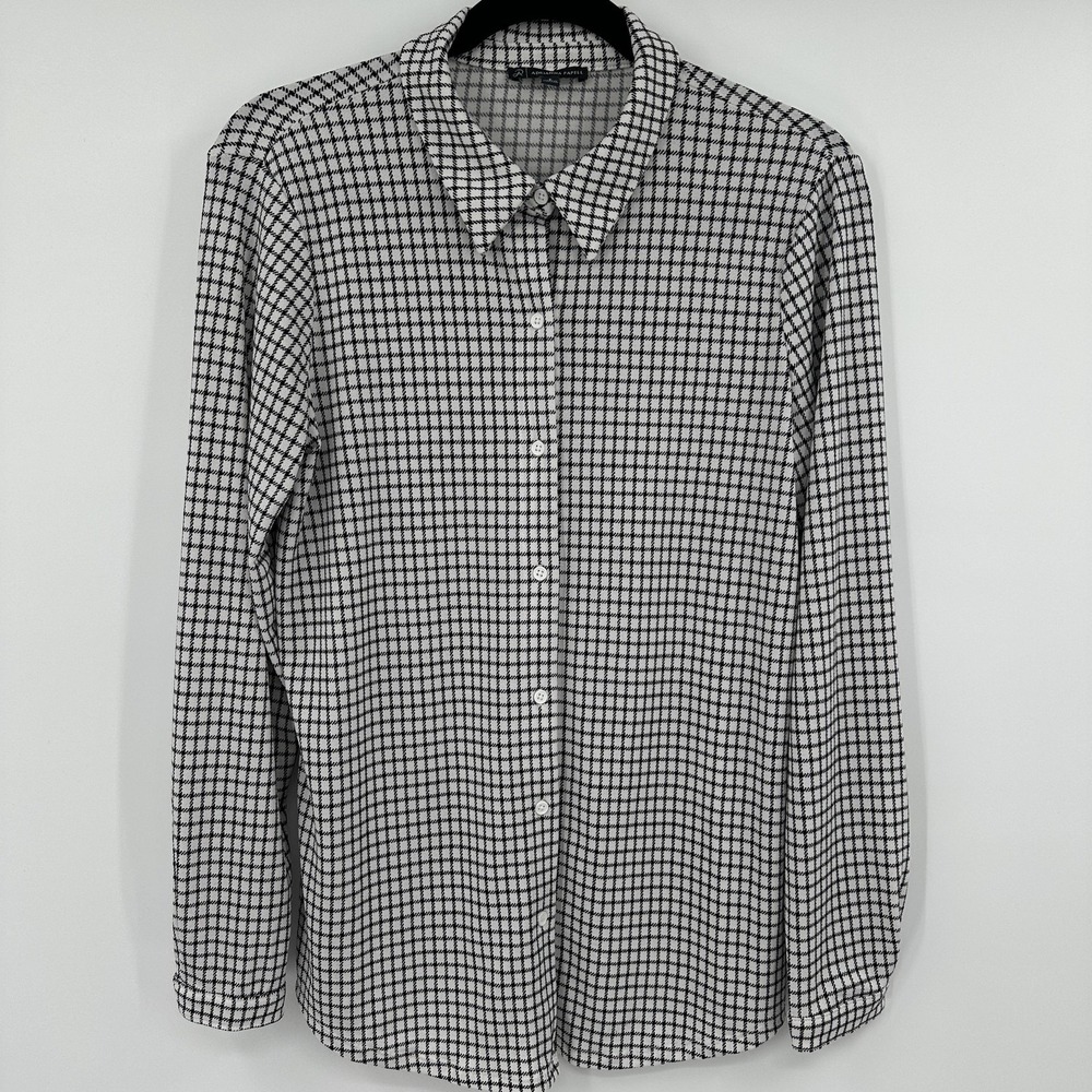 Adrianna Papell Shirt Womens Small Black White Check Plaid Button Front‎ Blouse